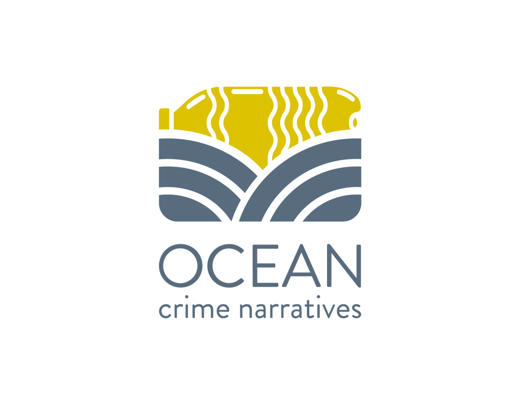 Ocean Crime Narratives Logo. A line drawing of yellow plastic bottle floating between two gray waves.