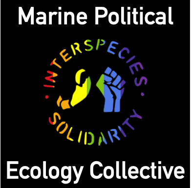 the Marine Political Ecology Collective logo. It is a black square with the collective name in white lettering. Inside the square is the liberation fist and a crab claw, reffing of the Animal Liberation/Human Liberation stencil. Surrounding the fist and claw it reads in circular lettering, Interspecies Solidarity. These words and fists are in rainbow coloring. 