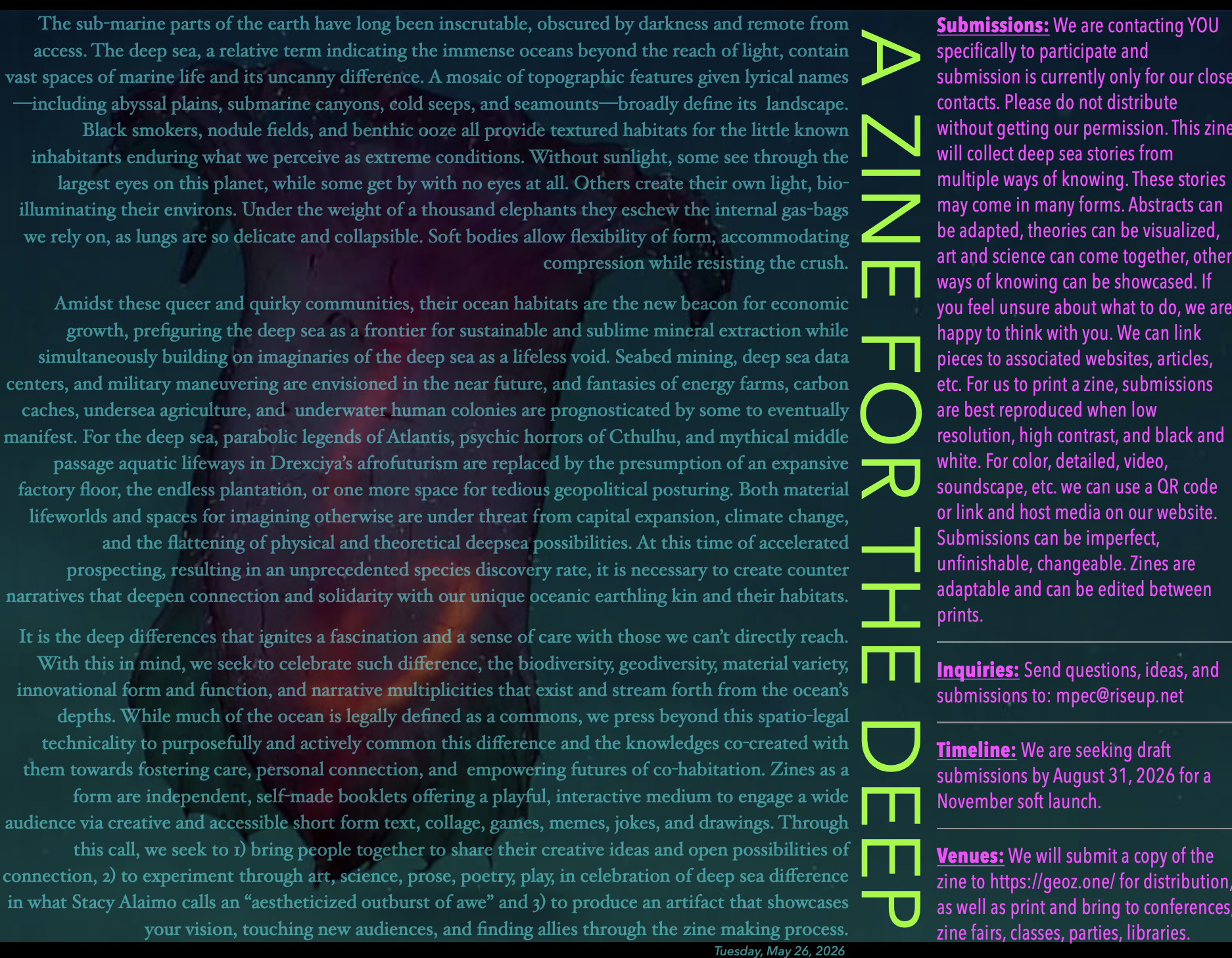 Neaon colored flyer calling for submissions to "A Zine for the Deep"